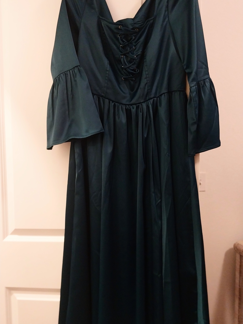 Satin Lace-Up Corset Maxi Dress with Flared Bell Sleeves - Teal
